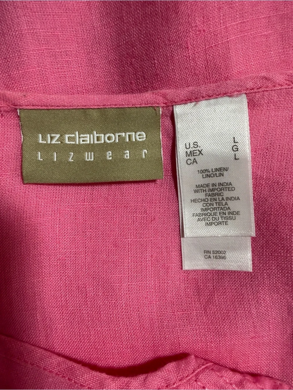 Liz Claiborne 100% Linen Pink Button Front Blouse L| Cottagecore Boho Resort